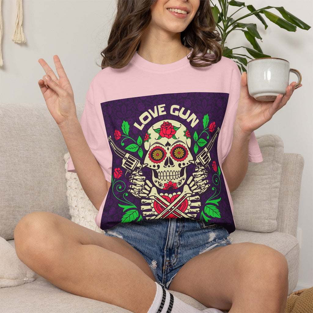 Love Gun Skull T‑Shirt — Day of the Dead Floral Graphic Tee