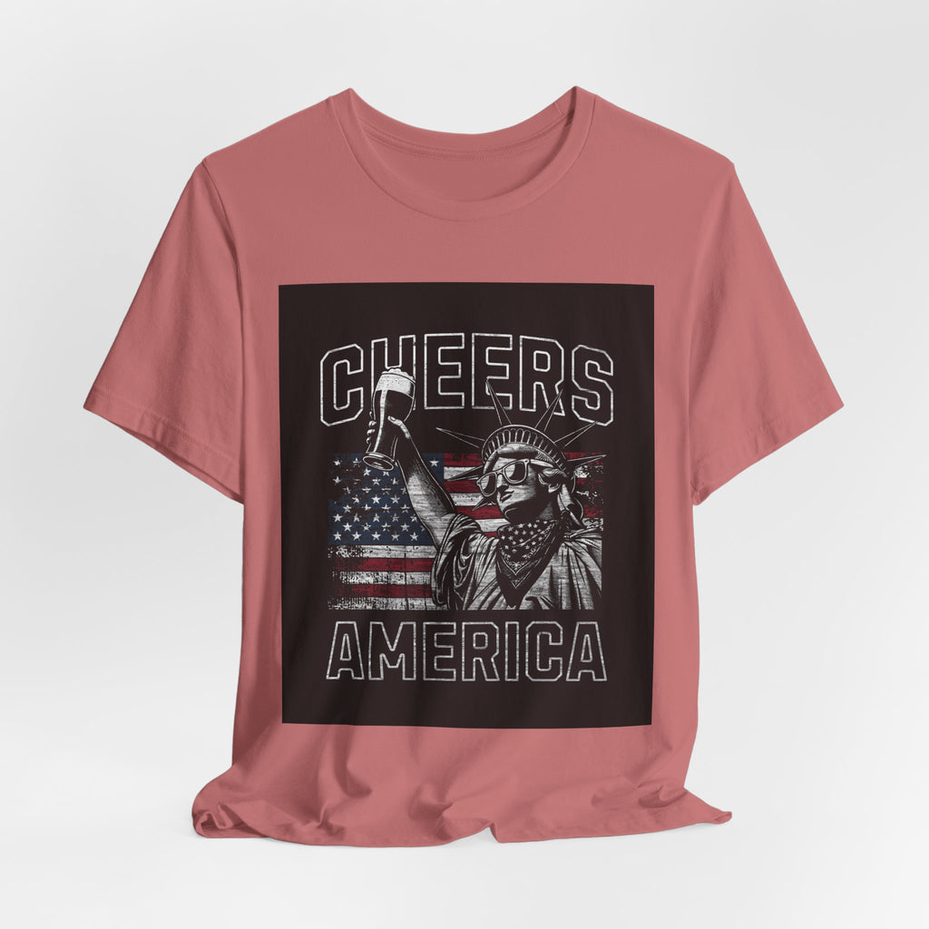 Cheers America T-Shirt — Statue of Liberty Holding Beer & Flag Patriotic Tee