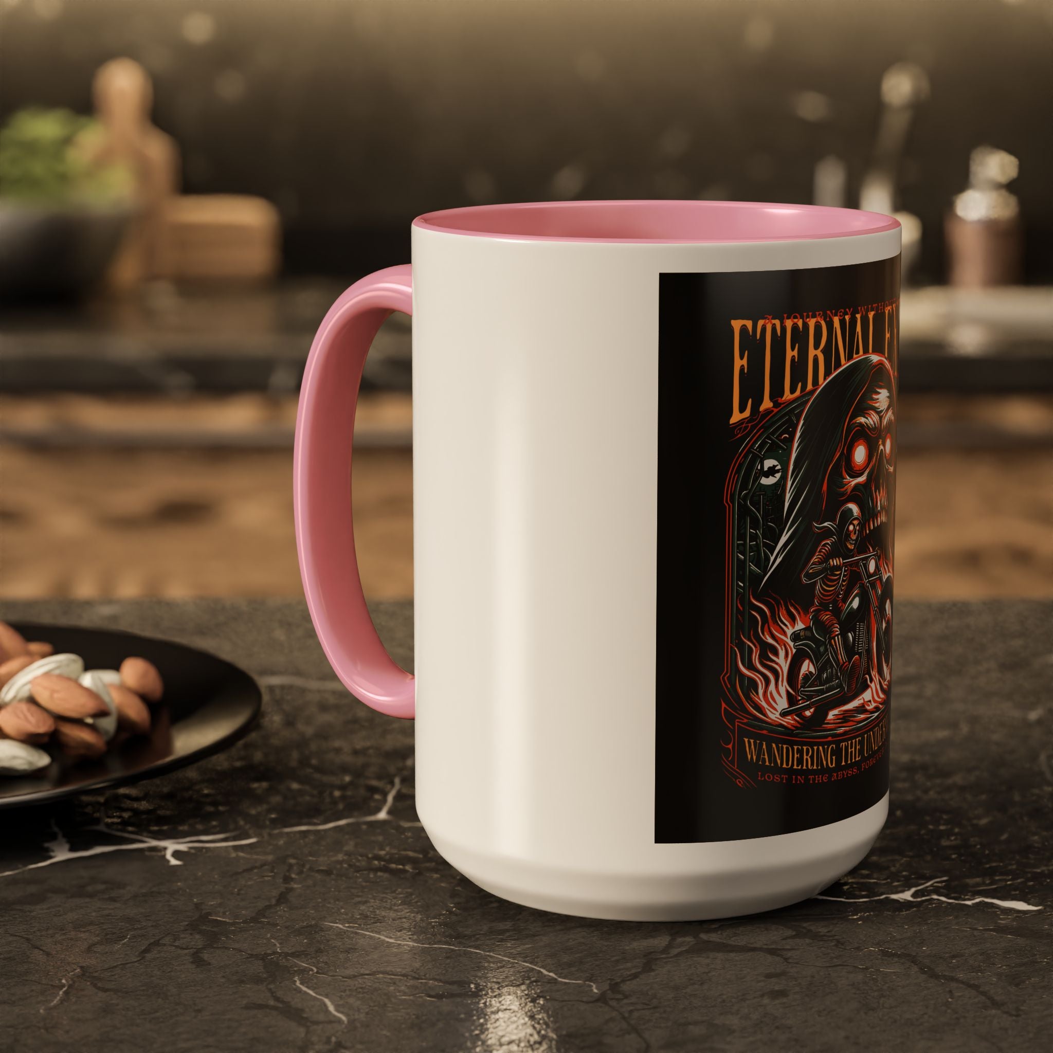 Eternal Exile Skull Biker Mug — Gothic Motorcycle Coffee Cup (11oz/15oz)