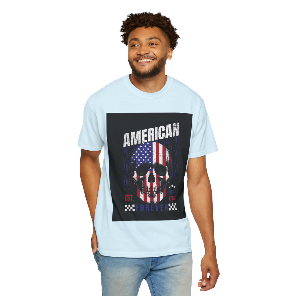 American Skull Flag T-Shirt — "American Forever" Patriotic Graphic Tee