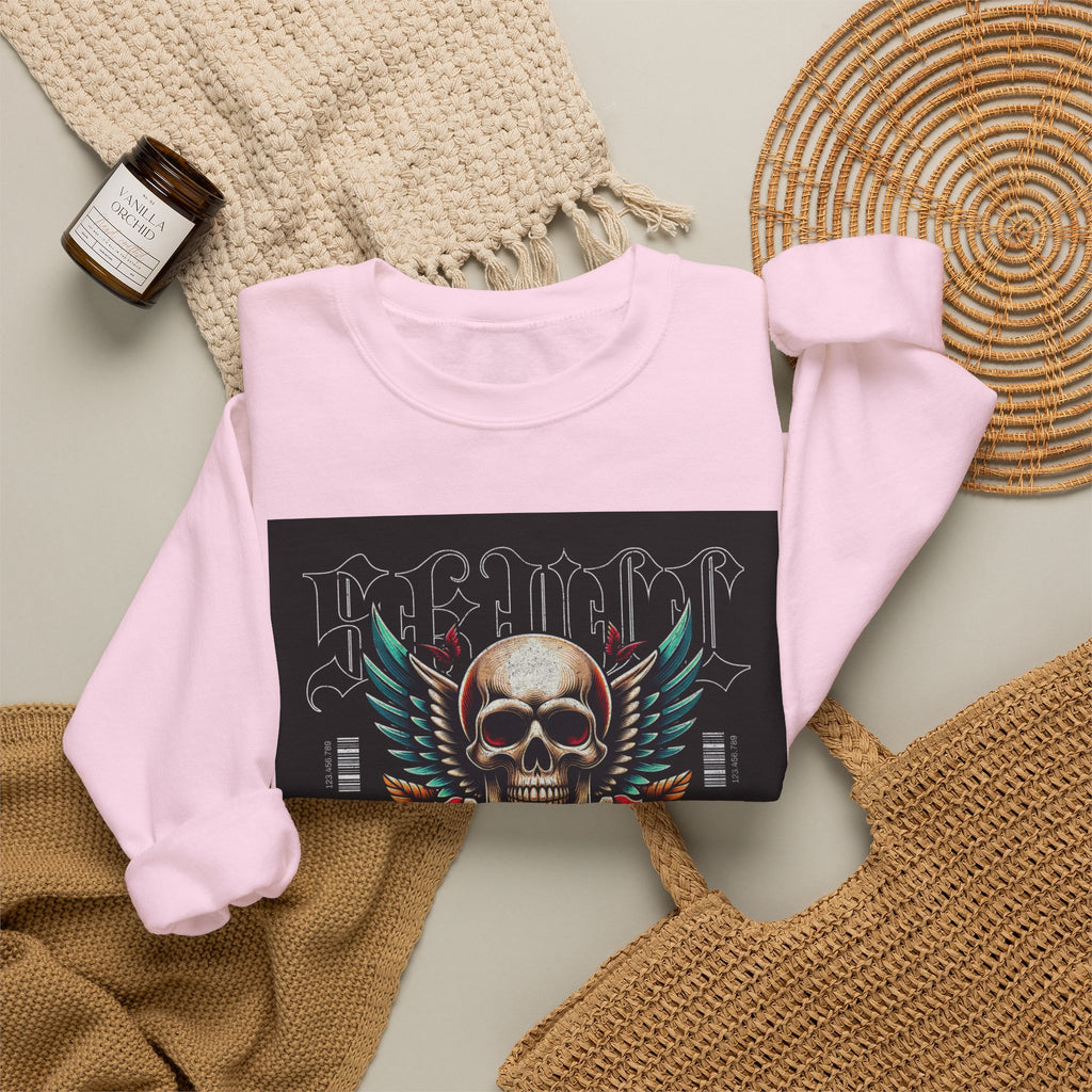 Skull Wings Crewneck Sweatshirt — Vintage Tattoo Skull with Rose Graphic