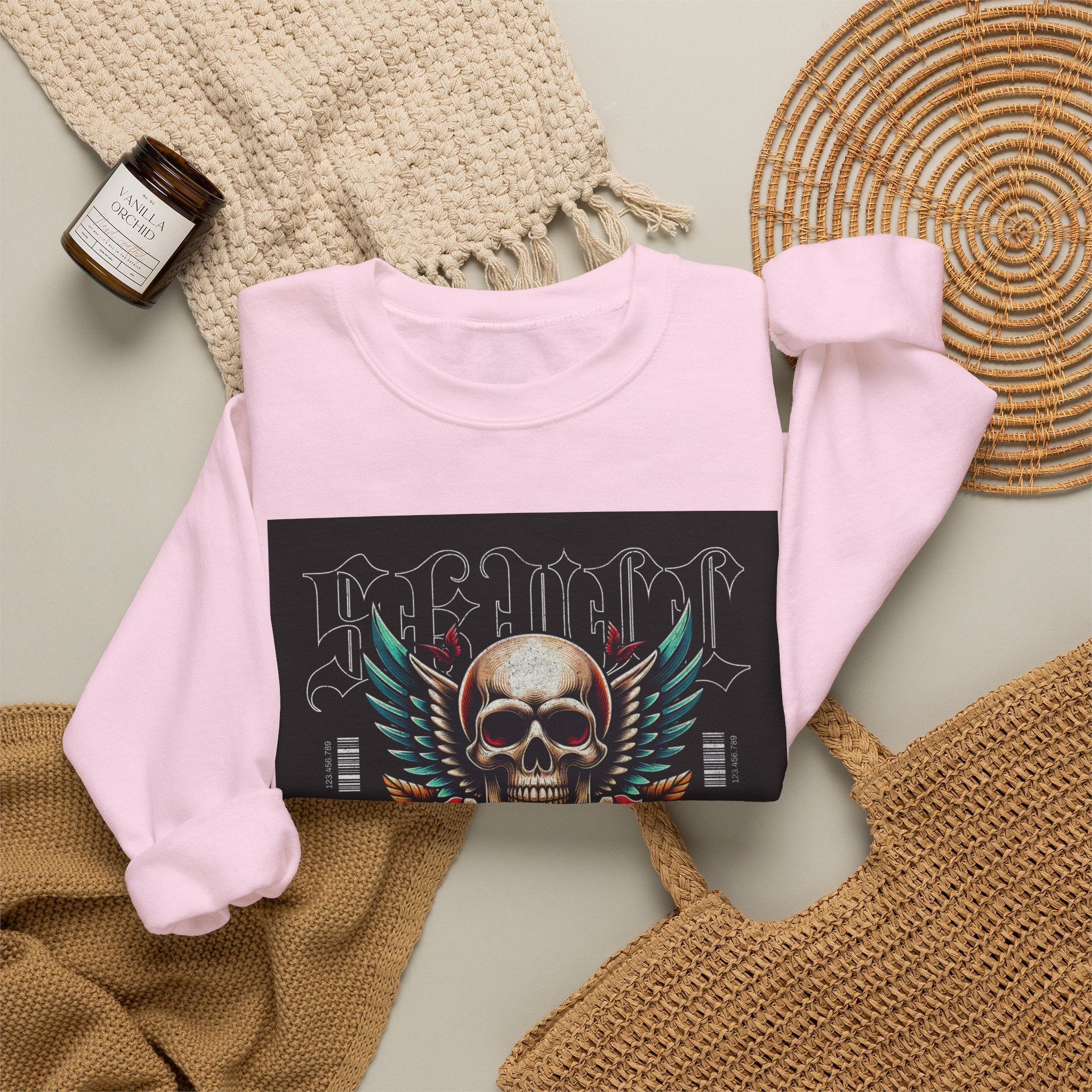 Skull Wings Crewneck Sweatshirt — Vintage Tattoo Skull with Rose Graphic