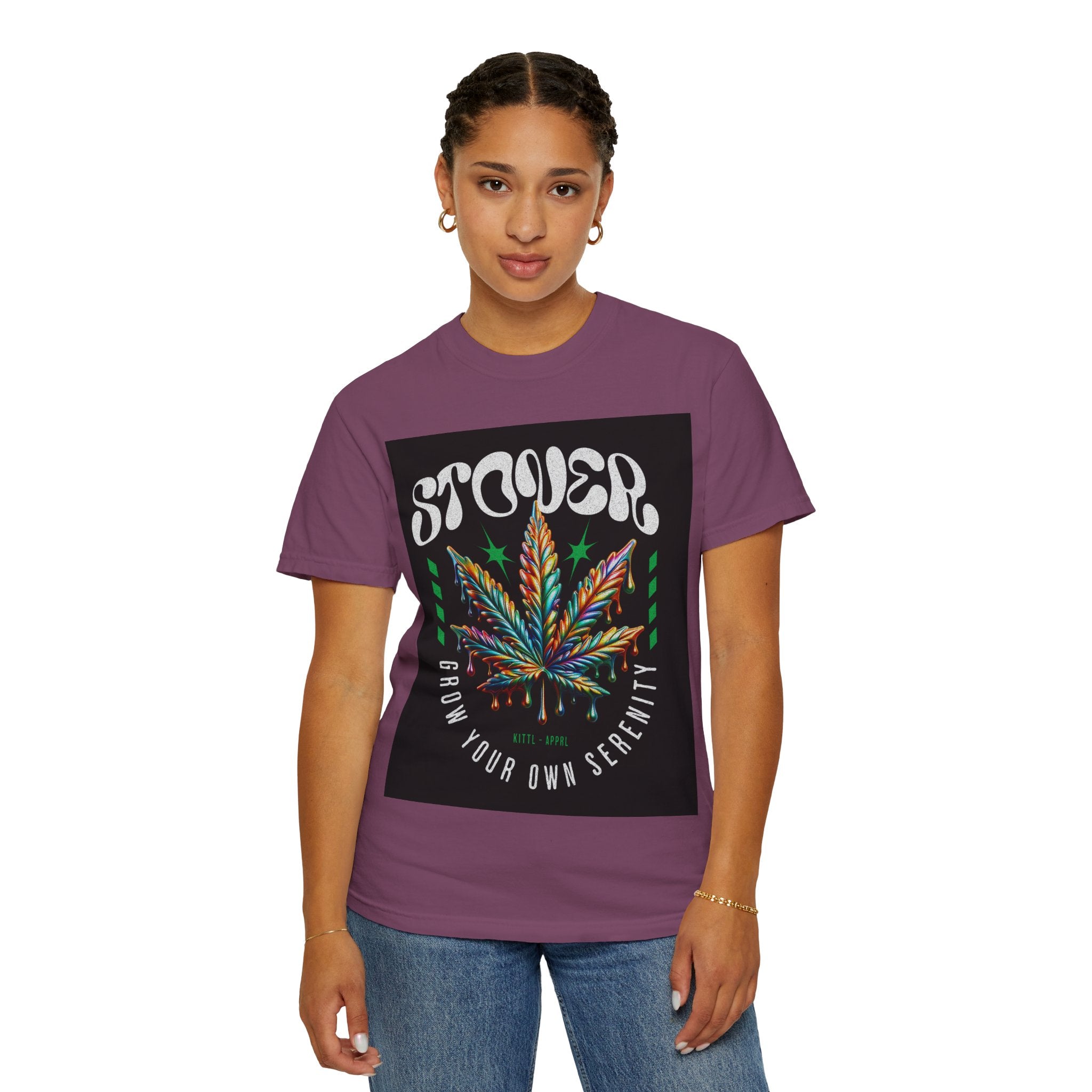 T-Shirt — Stover "Grow Your Own Serenity" Colorful Cannabis Leaf Graphic