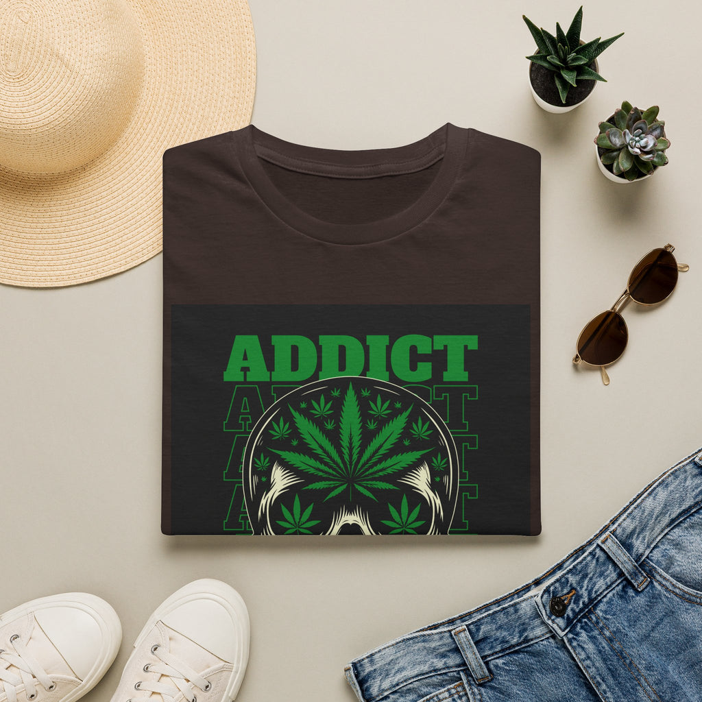 T‑Shirt — "Addict" Skull with Cannabis Leaf Graphic