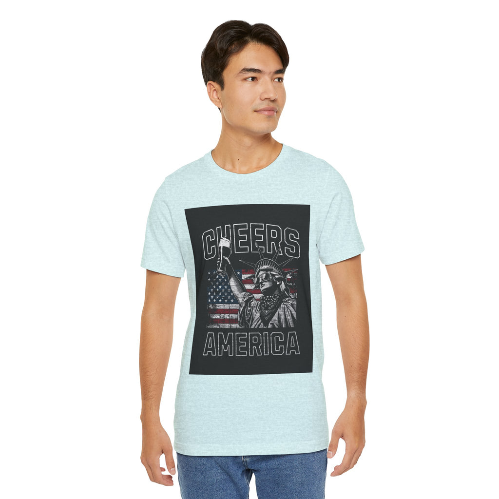 Cheers America T-Shirt — Statue of Liberty Holding Beer & Flag Patriotic Tee