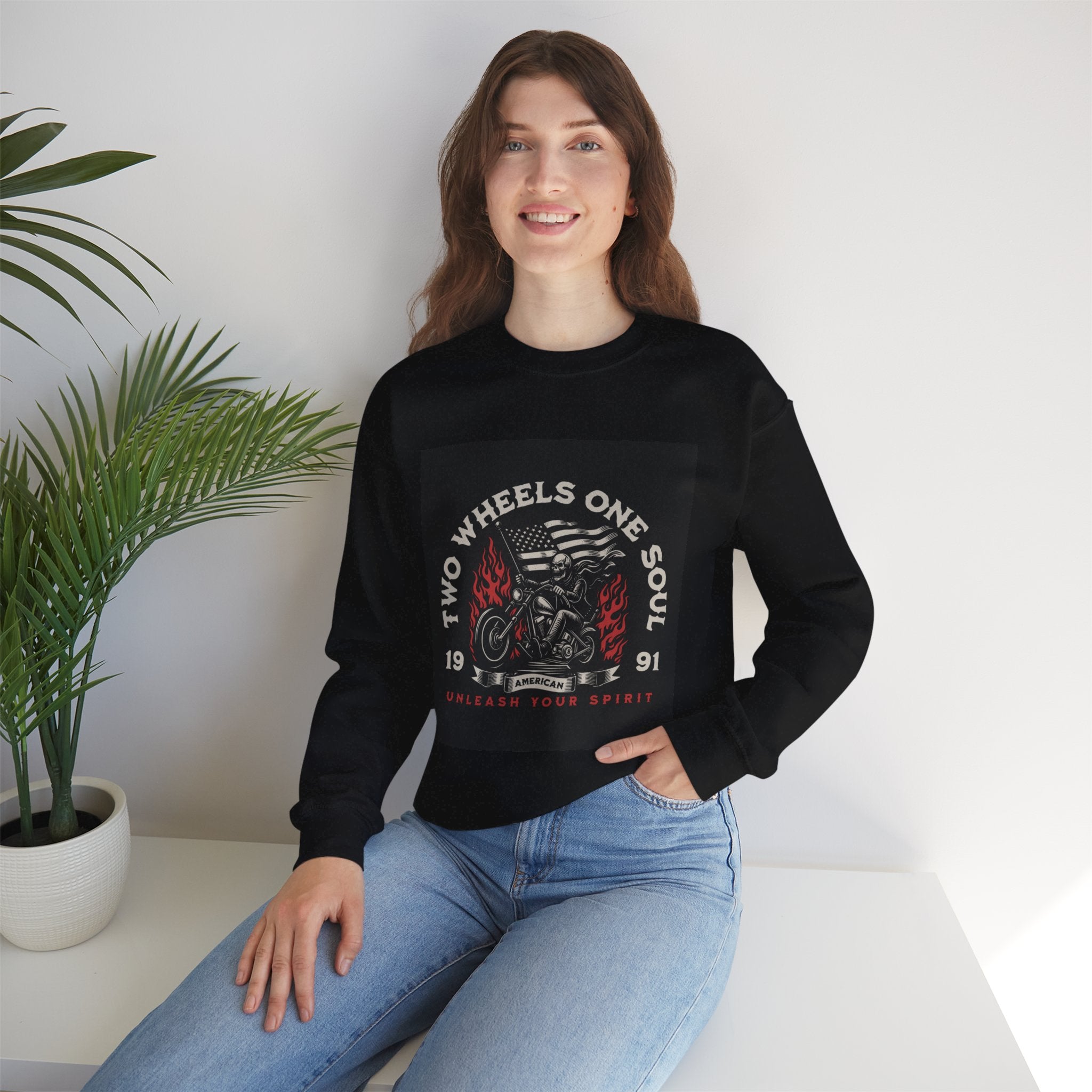 Motorcycle Crewneck Sweatshirt - "Two Wheels One Soul" Vintage Bike Graphic