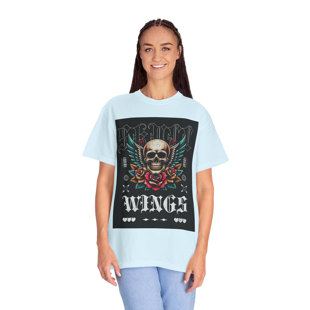 Skull Wings Graphic T-Shirt — Vintage Rock Tattoo Style with Roses