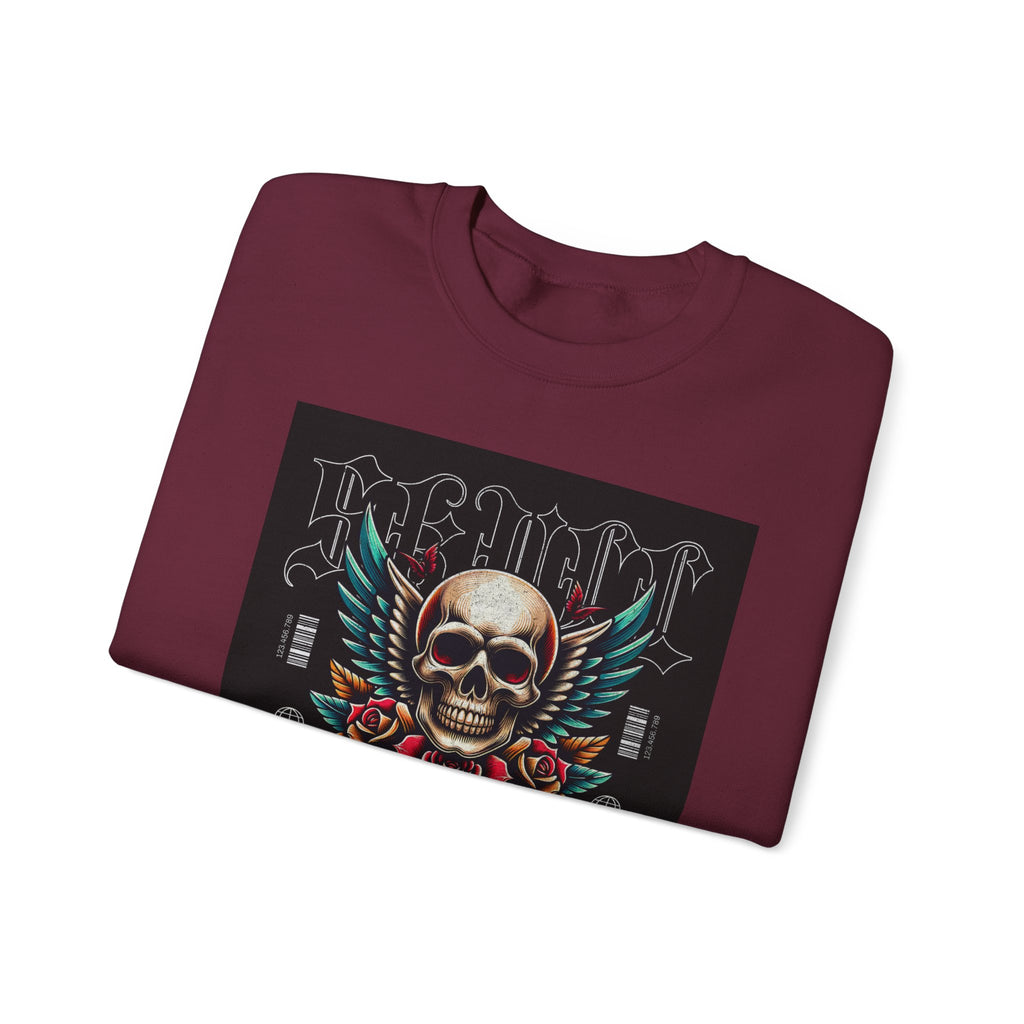 Skull Wings Crewneck Sweatshirt — Vintage Tattoo Skull with Rose Graphic
