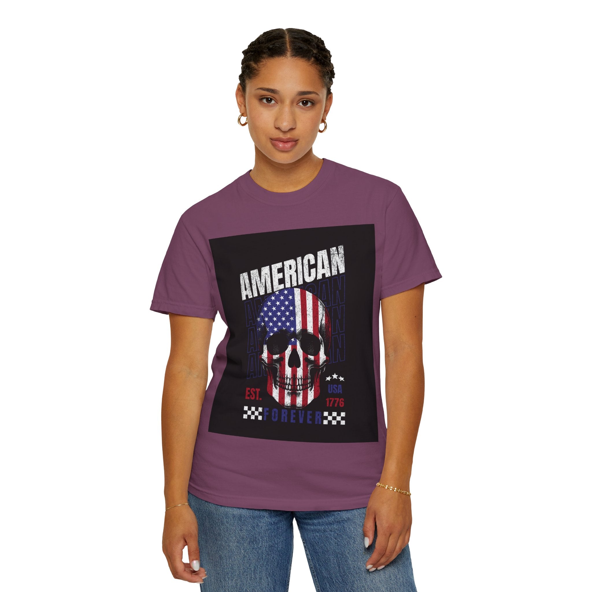 American Skull Flag T-Shirt — "American Forever" Patriotic Graphic Tee