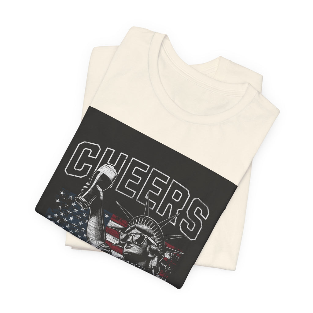 Cheers America T-Shirt — Statue of Liberty Holding Beer & Flag Patriotic Tee
