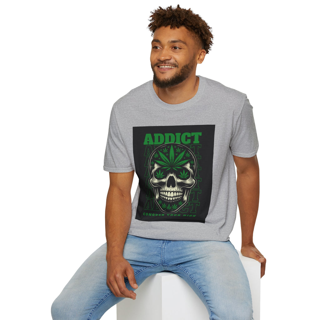 T‑Shirt — "Addict" Skull with Cannabis Leaf Graphic
