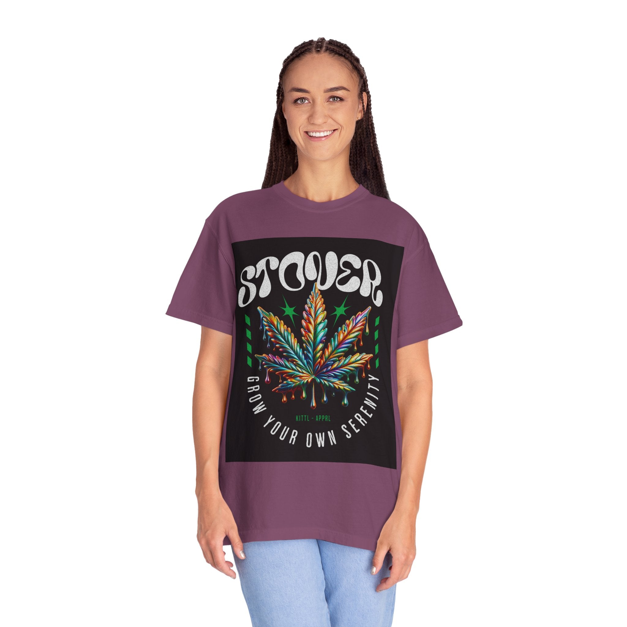 T-Shirt — Stover "Grow Your Own Serenity" Colorful Cannabis Leaf Graphic