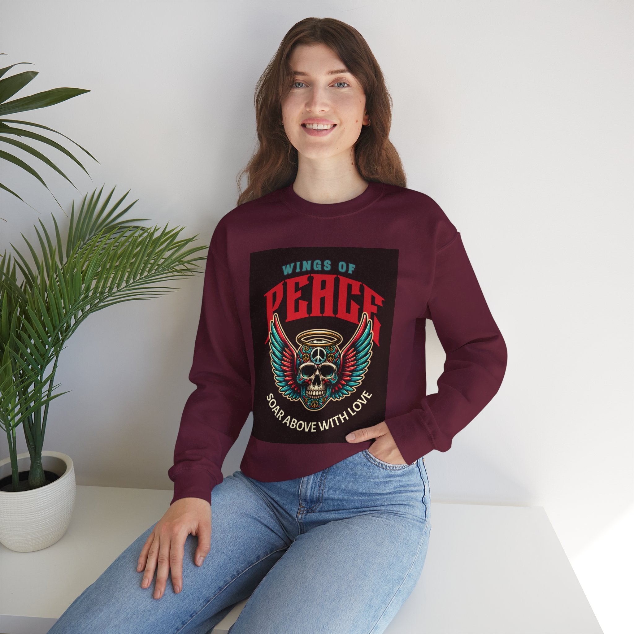 Wings of Peace Skull Crewneck Sweatshirt — Soar Above With Love Graphic