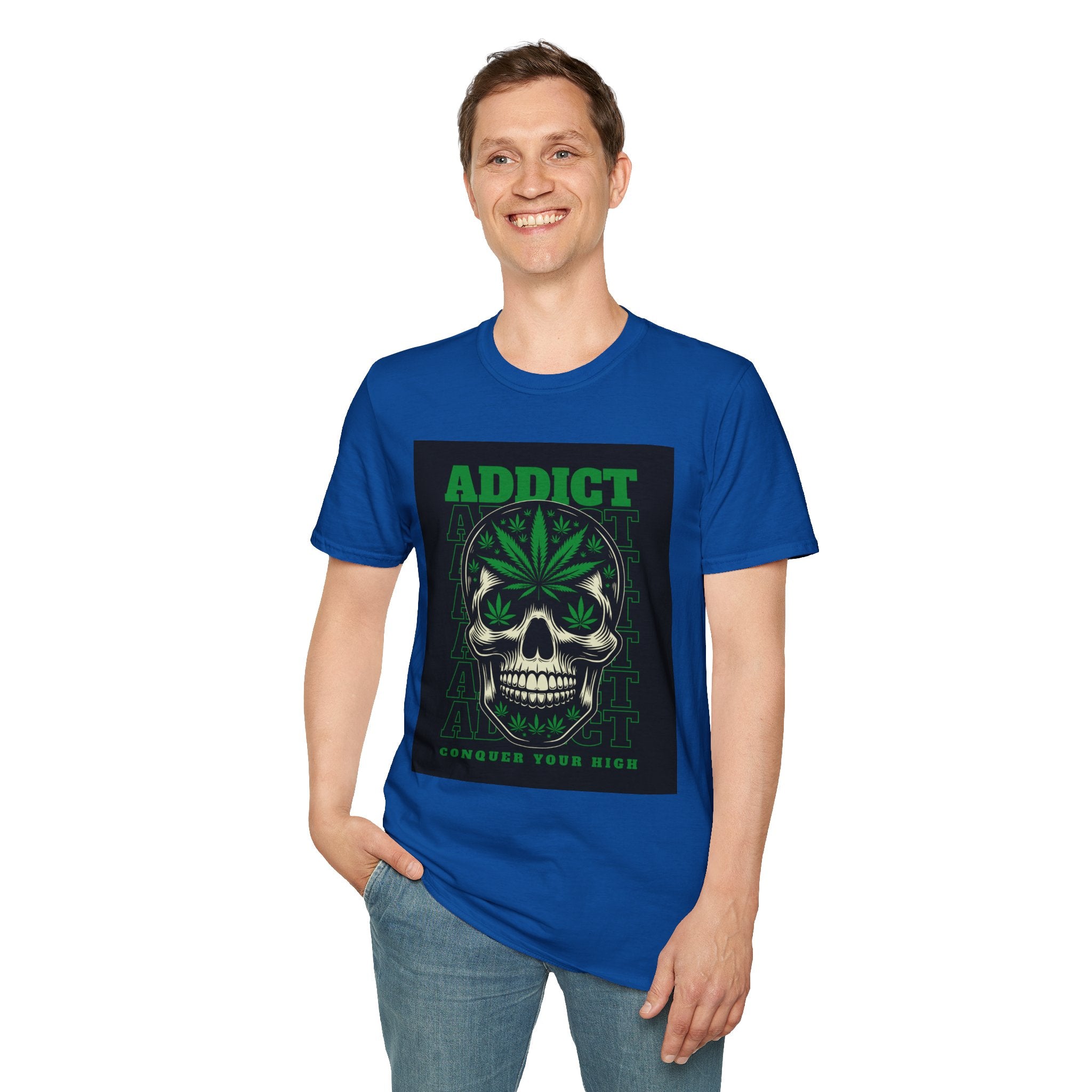T‑Shirt — "Addict" Skull with Cannabis Leaf Graphic