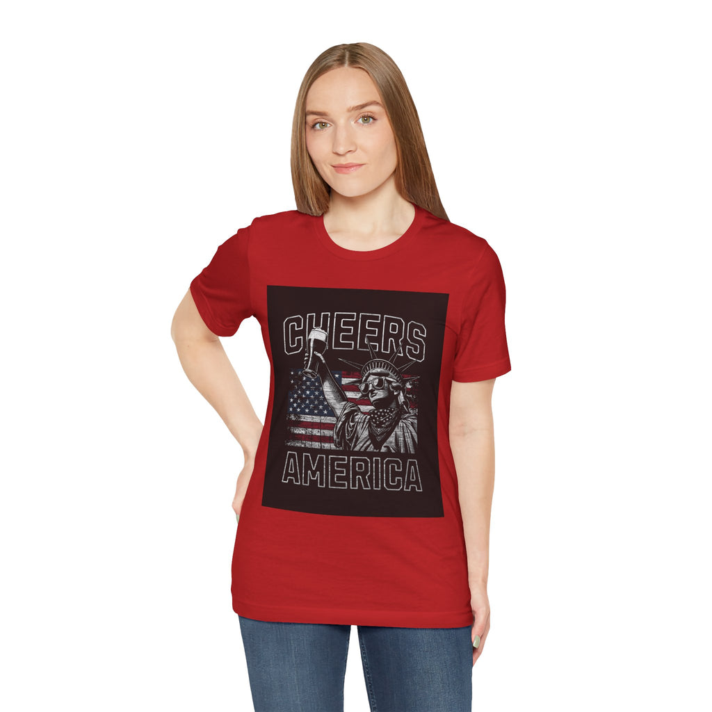 Cheers America T-Shirt — Statue of Liberty Holding Beer & Flag Patriotic Tee