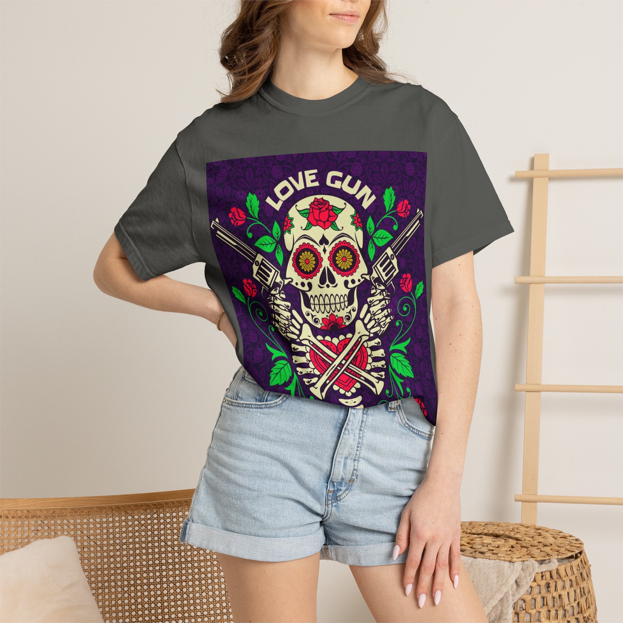 Love Gun Skull T‑Shirt — Day of the Dead Floral Graphic Tee