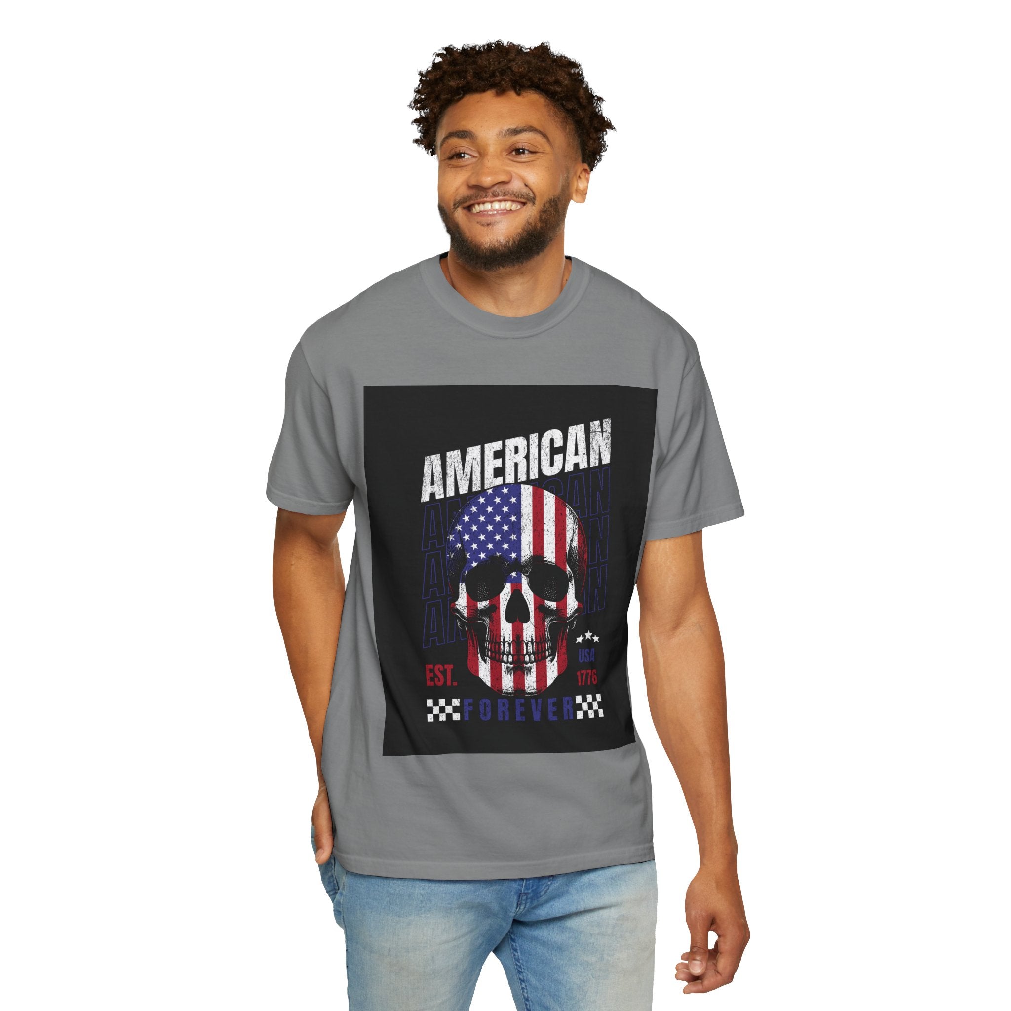 American Skull Flag T-Shirt — "American Forever" Patriotic Graphic Tee