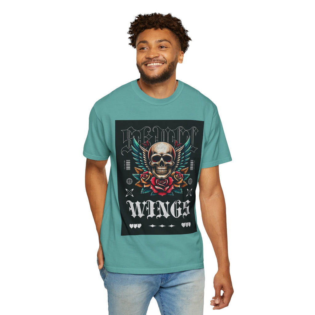 Skull Wings Graphic T-Shirt — Vintage Rock Tattoo Style with Roses