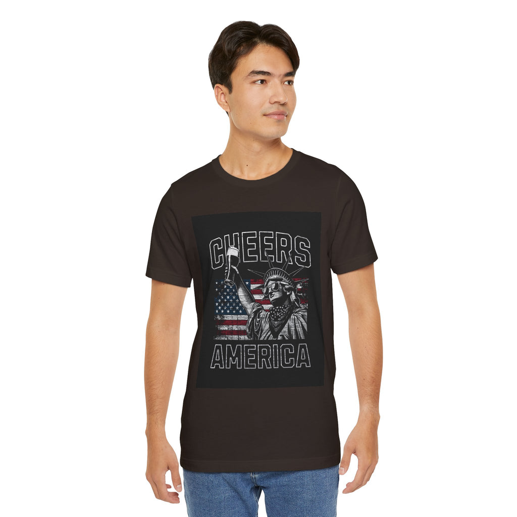 Cheers America T-Shirt — Statue of Liberty Holding Beer & Flag Patriotic Tee