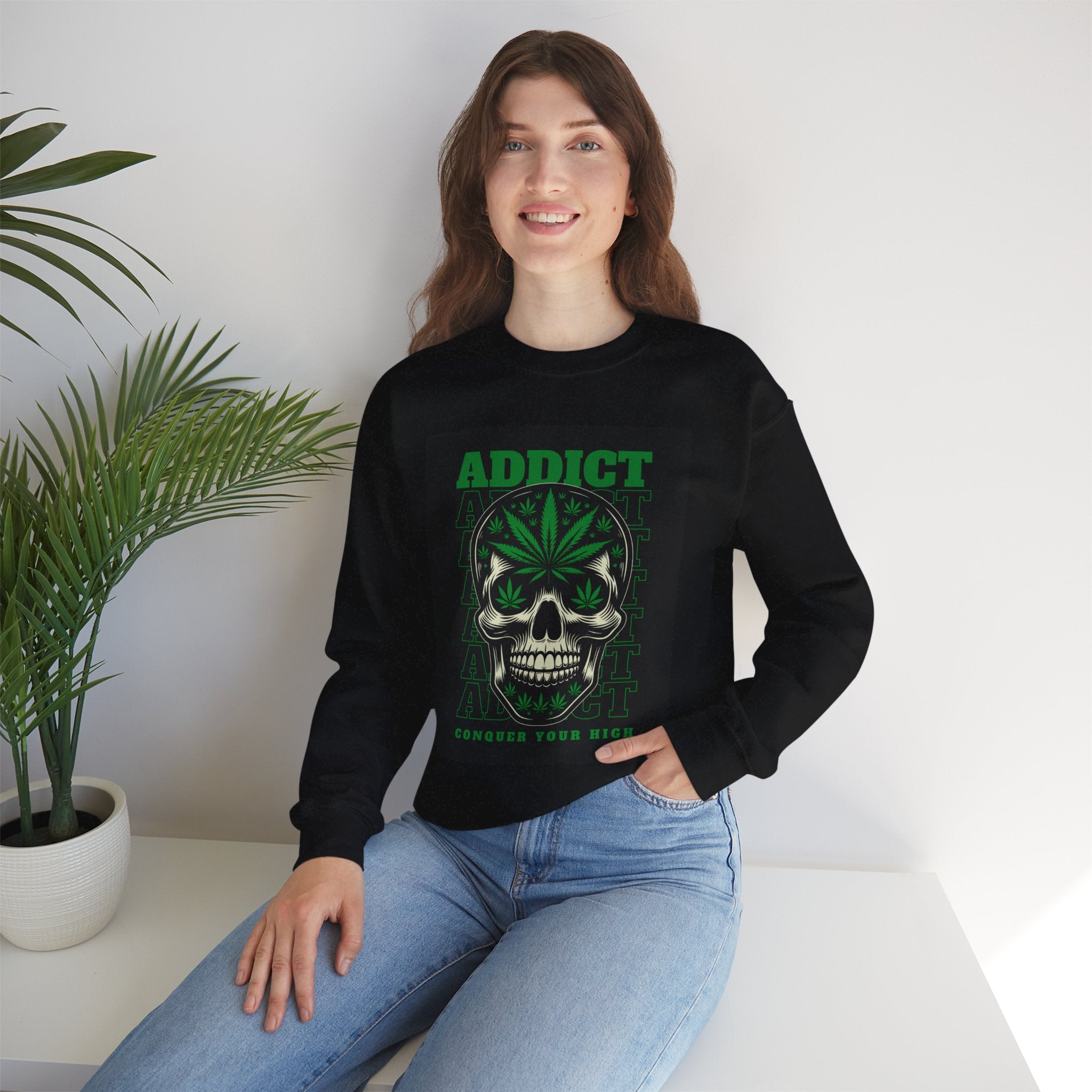 Skull & Cannabis 'Addict' Crewneck Sweatshirt — Conquer Your High Graphic Sweatshirt
