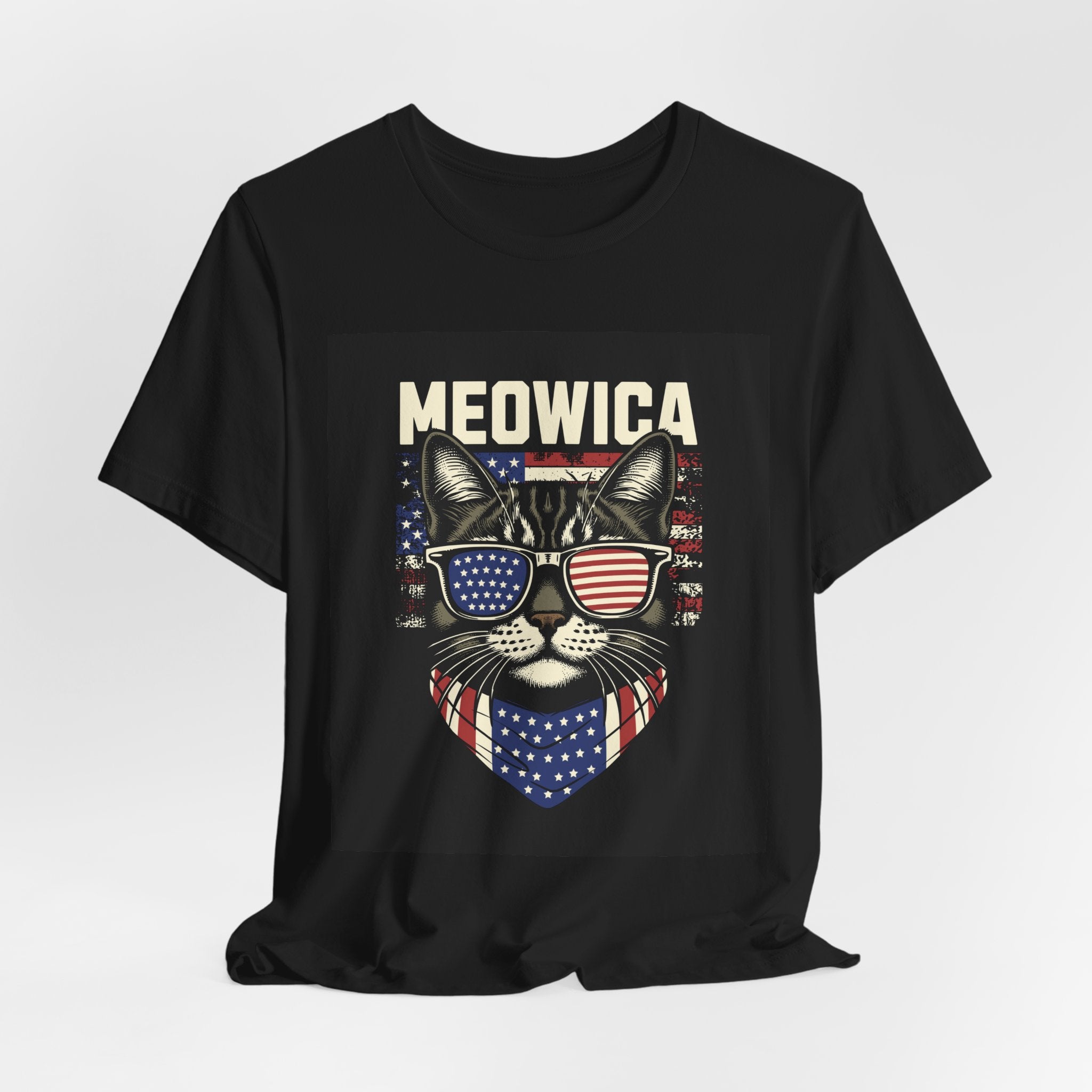 Meowica Cat Tee — Patriotic USA Flag Sunglasses Graphic T-Shirt