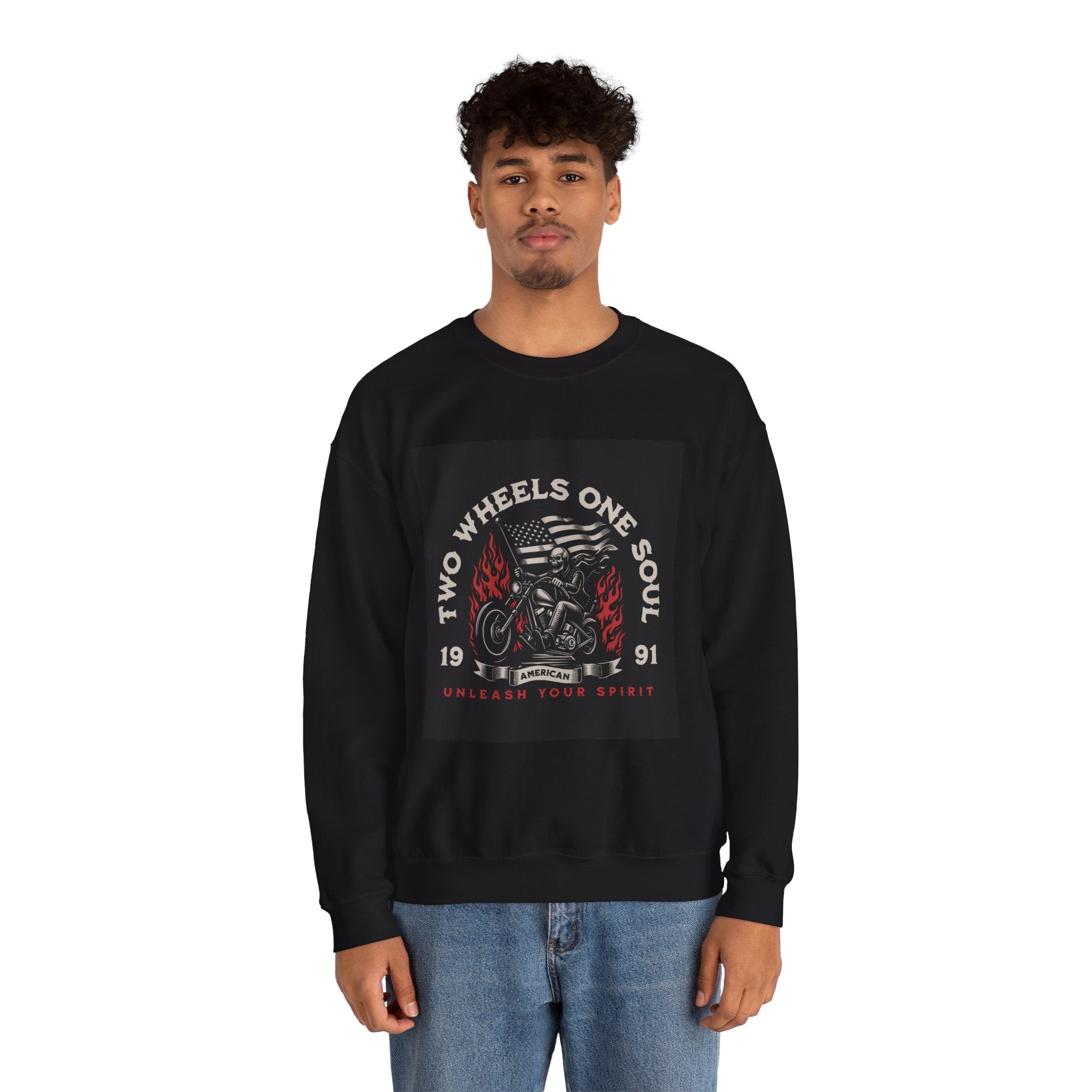 Motorcycle Crewneck Sweatshirt - "Two Wheels One Soul" Vintage Bike Graphic