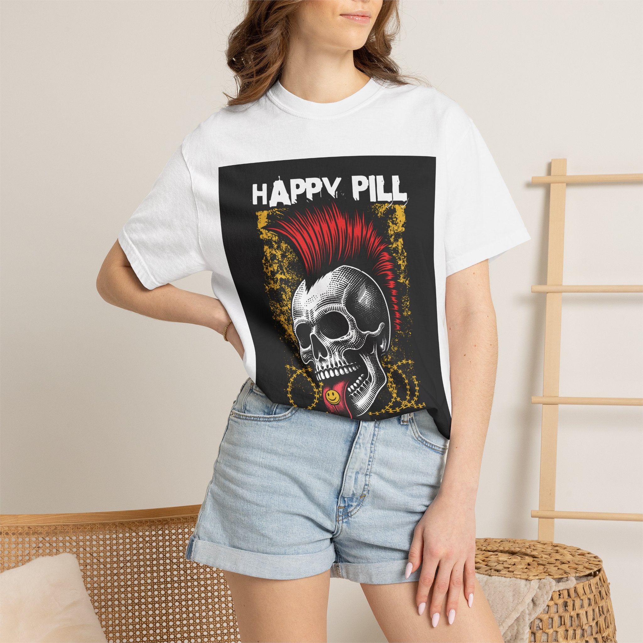 Happy Pill Punk Skull T-Shirt — 'Happy Pill Medication' Graphic Tee
