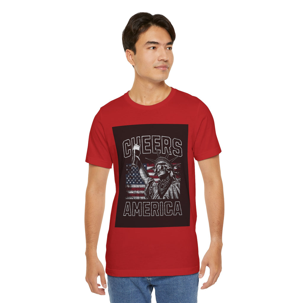 Cheers America T-Shirt — Statue of Liberty Holding Beer & Flag Patriotic Tee