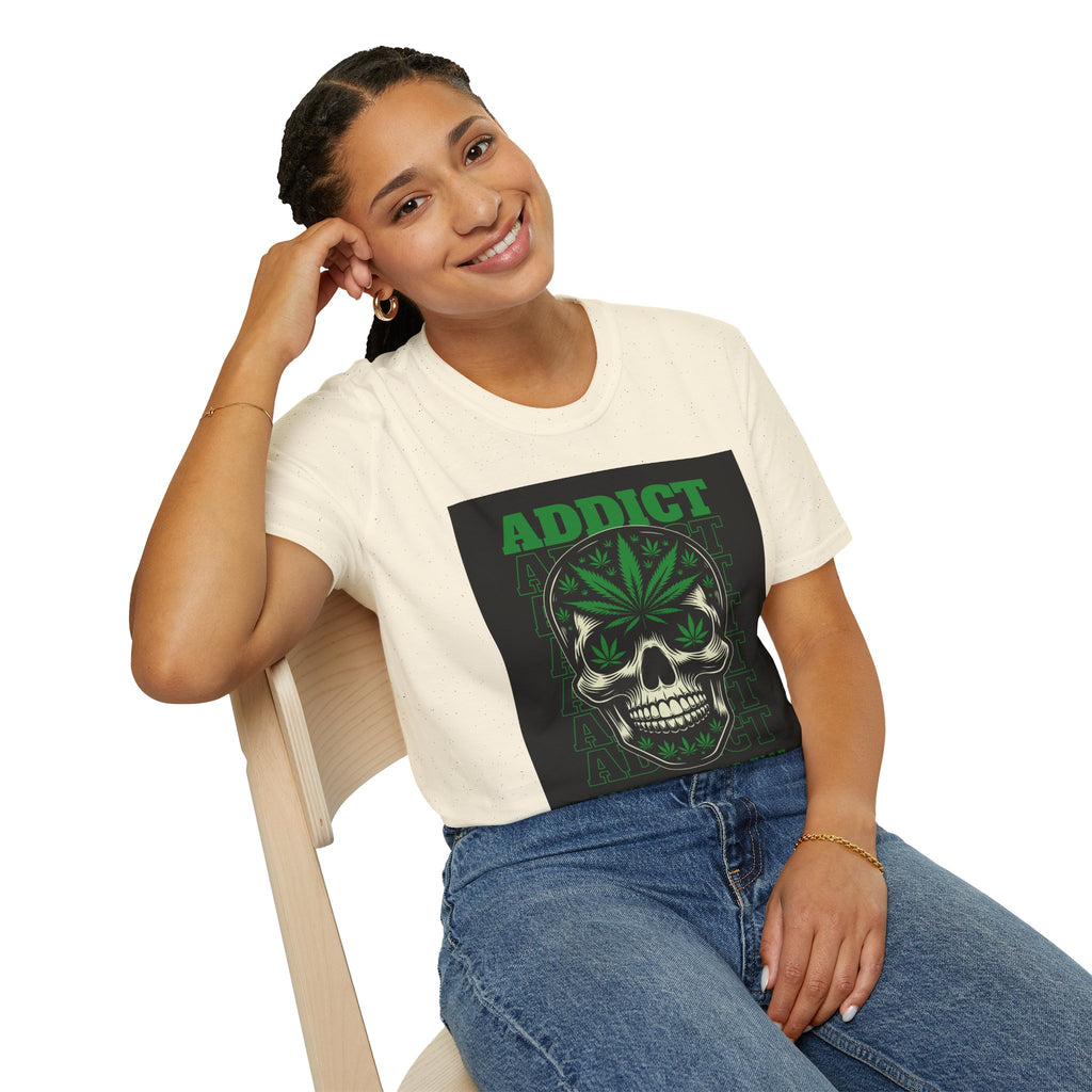 T‑Shirt — "Addict" Skull with Cannabis Leaf Graphic