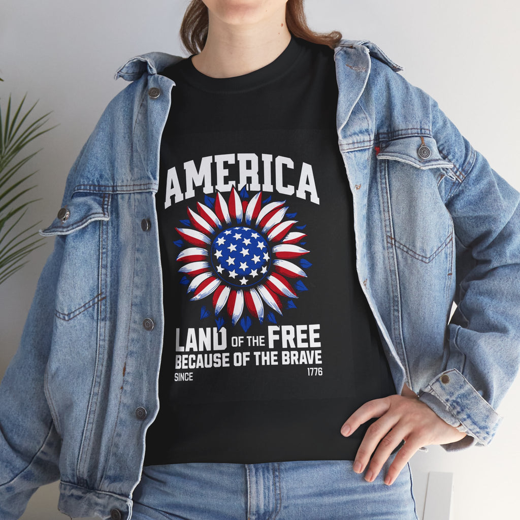 Patriotic America Tee — "Land of the Free Because of the Brave" Cotton T-Shirt