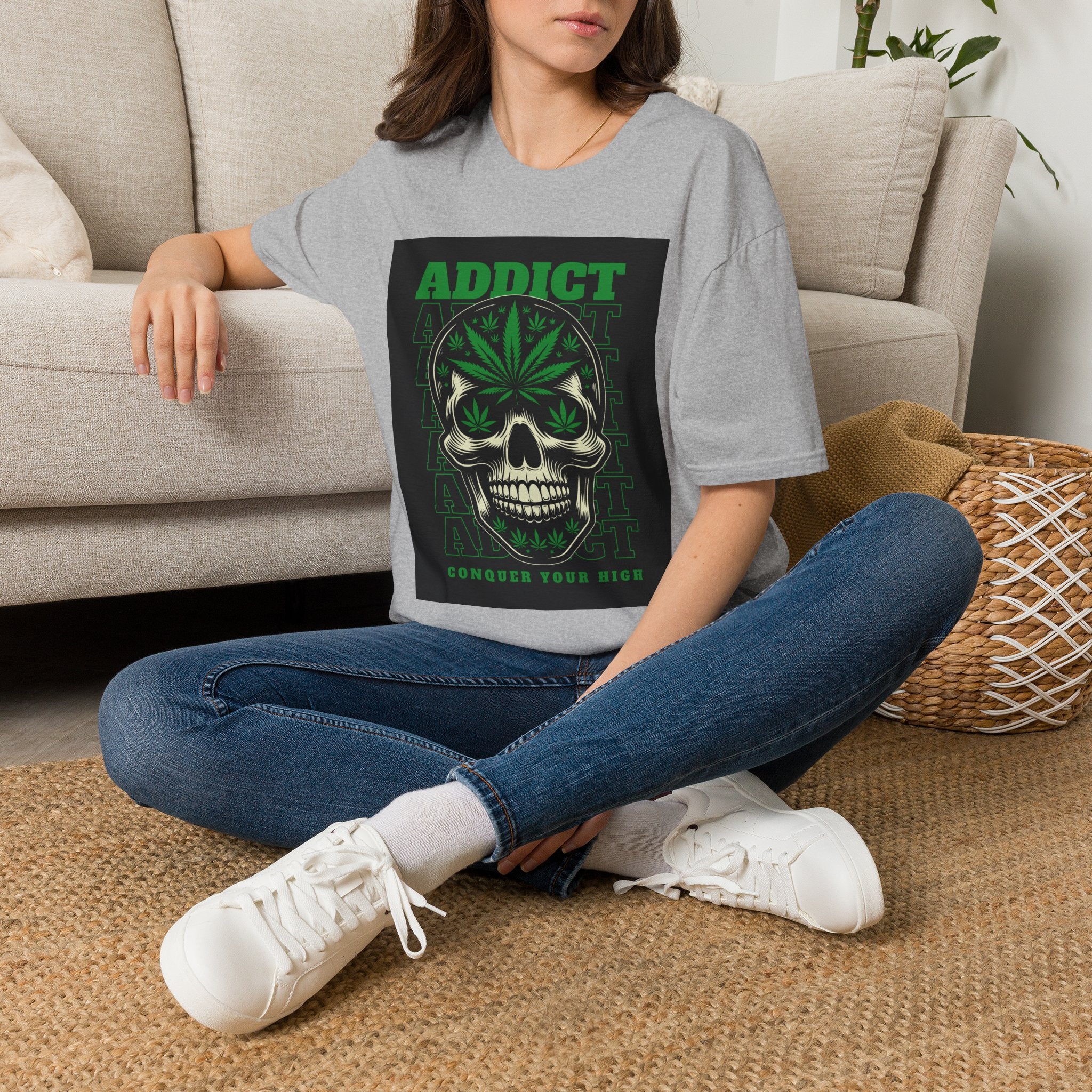 T‑Shirt — "Addict" Skull with Cannabis Leaf Graphic