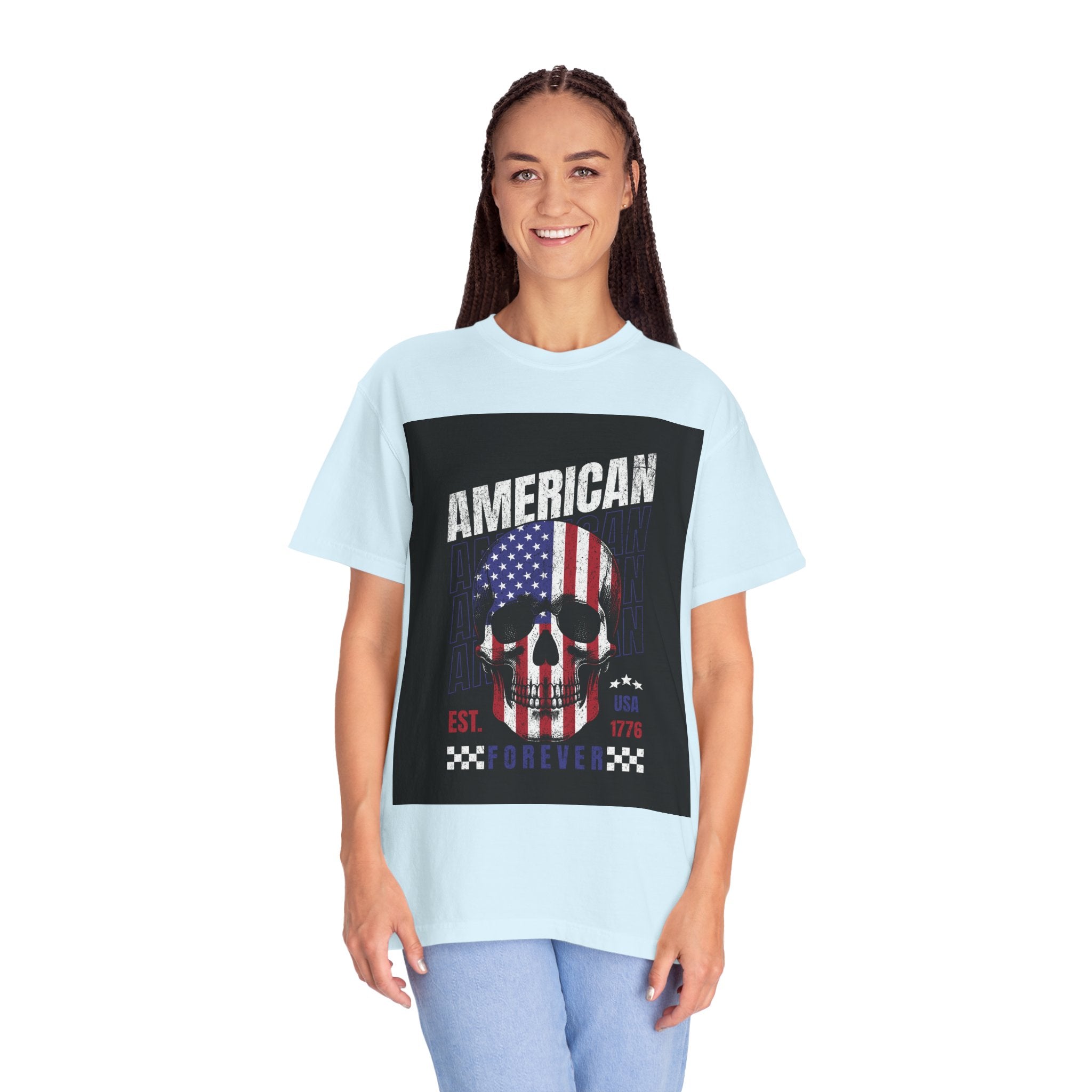 American Skull Flag T-Shirt — "American Forever" Patriotic Graphic Tee