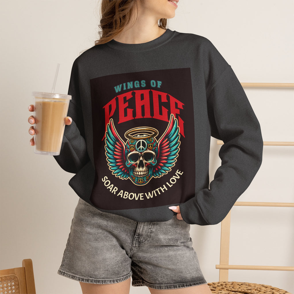 Wings of Peace Skull Crewneck Sweatshirt — Soar Above With Love Graphic