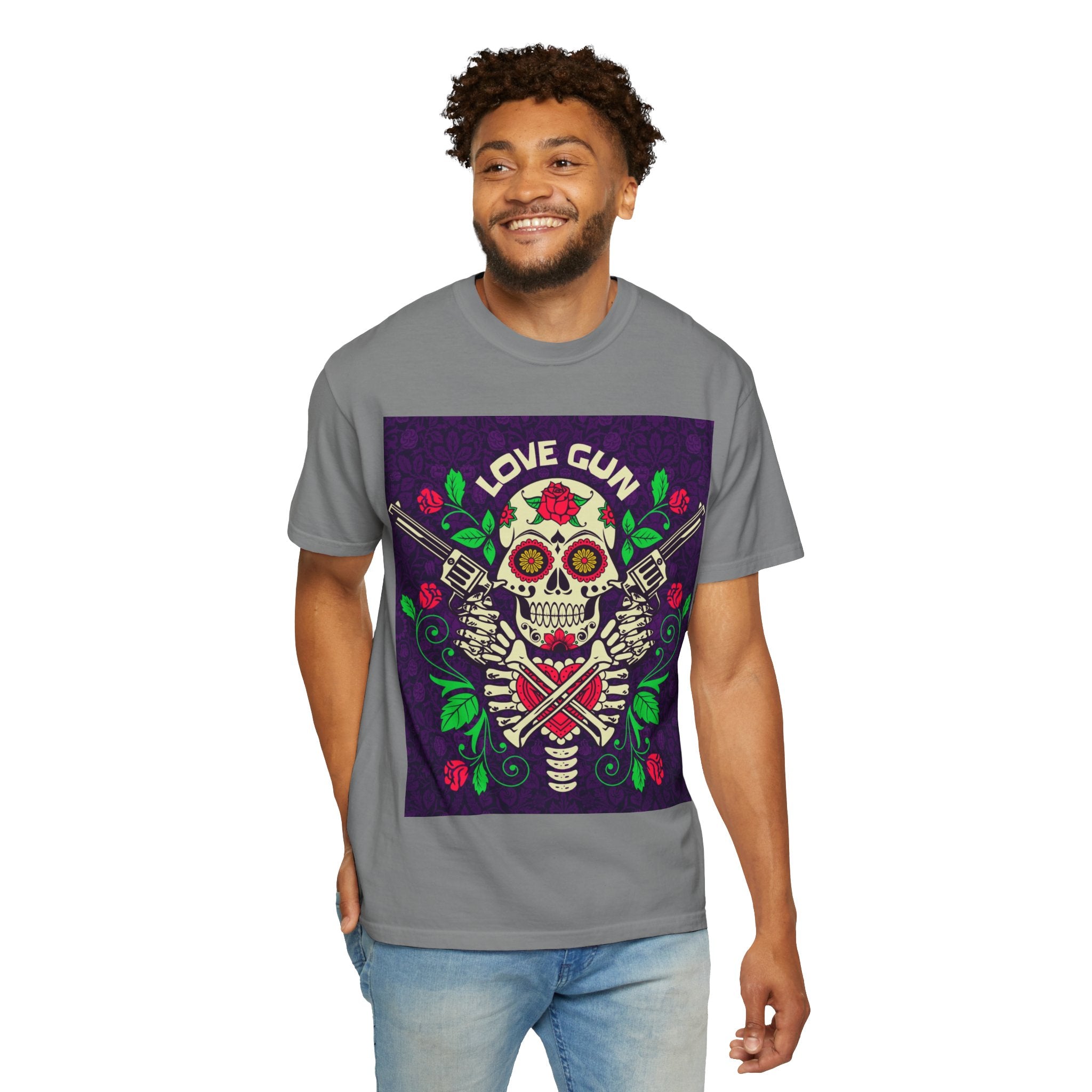 Love Gun Skull T‑Shirt — Day of the Dead Floral Graphic Tee