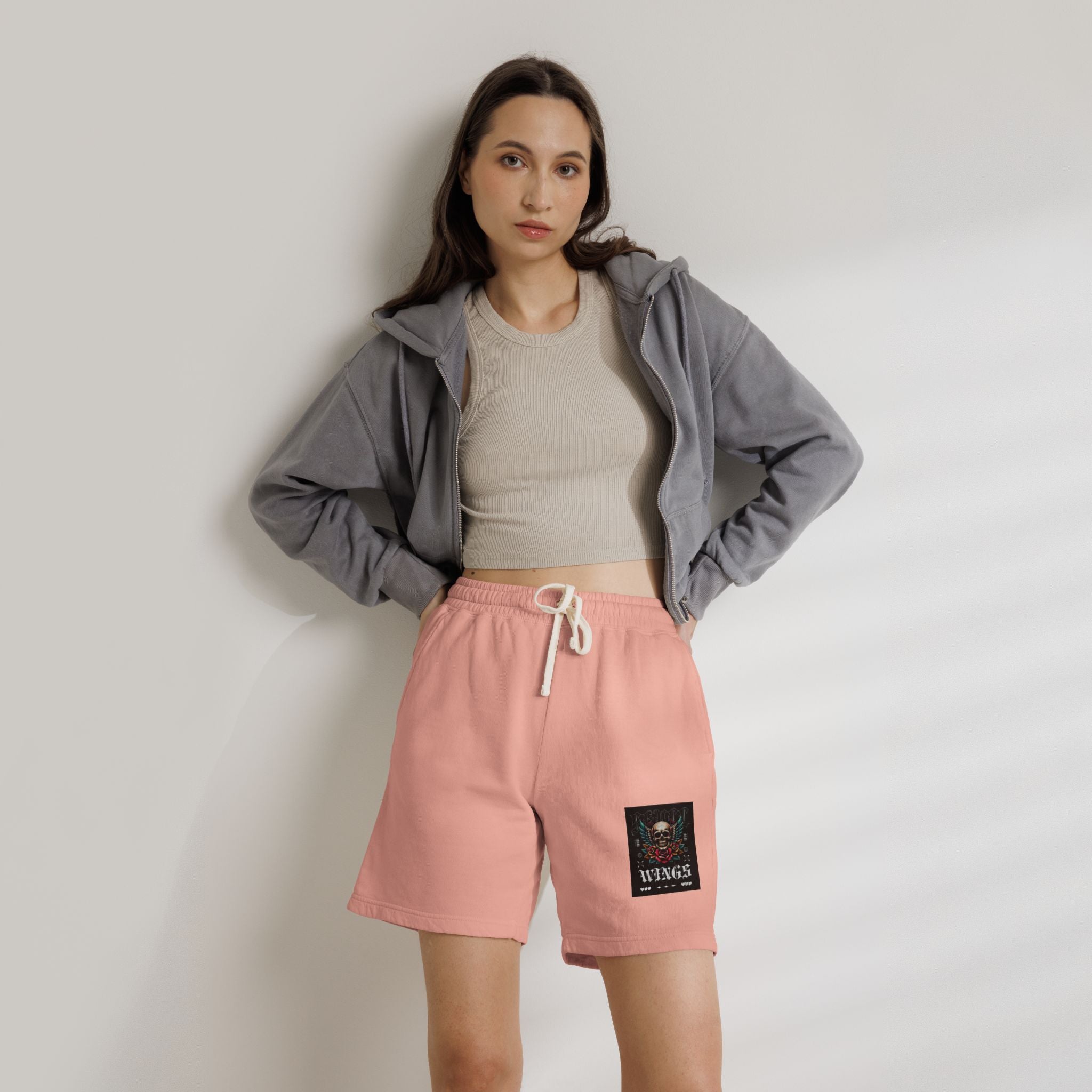 Skull & Wings Fleece Sweat Shorts — Lightweight Garment-Dyed Lounge Shorts