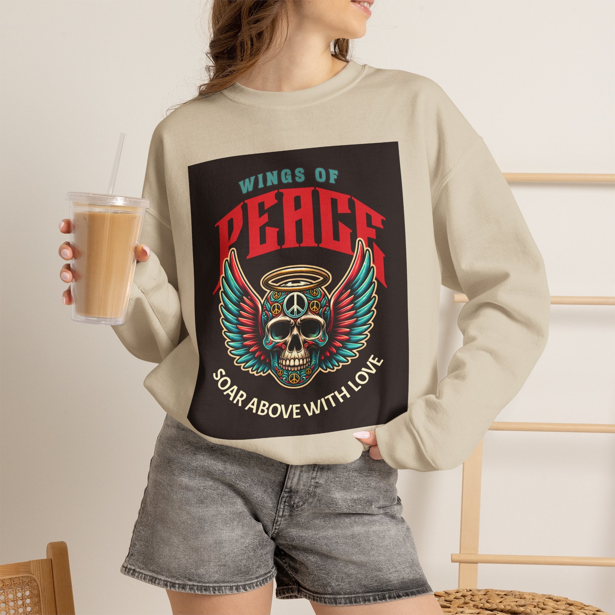 Wings of Peace Skull Crewneck Sweatshirt — Soar Above With Love Graphic