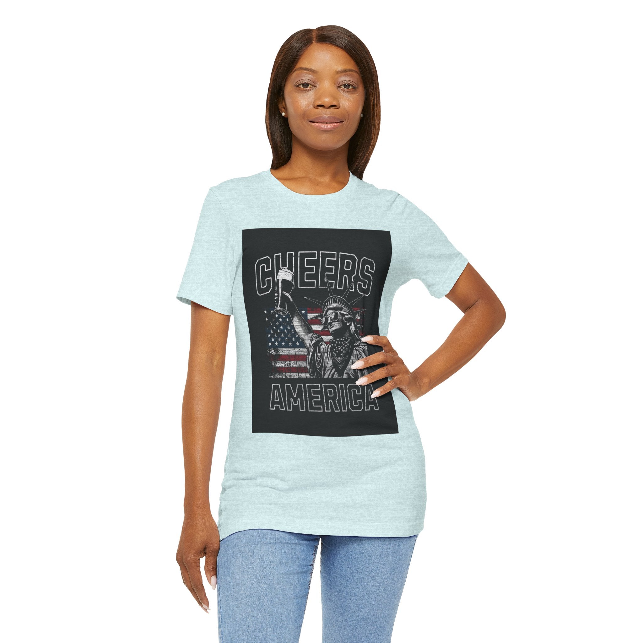 Cheers America T-Shirt — Statue of Liberty Holding Beer & Flag Patriotic Tee