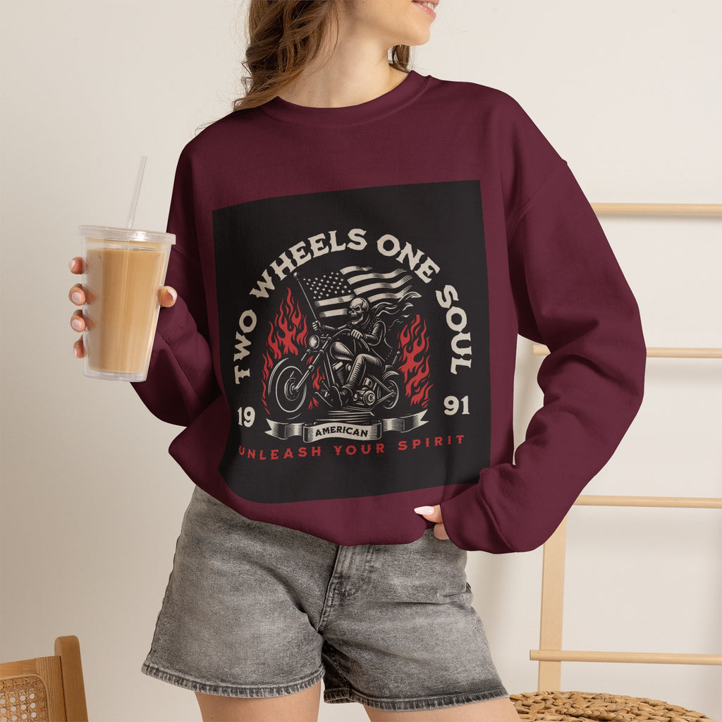 Motorcycle Crewneck Sweatshirt - "Two Wheels One Soul" Vintage Bike Graphic