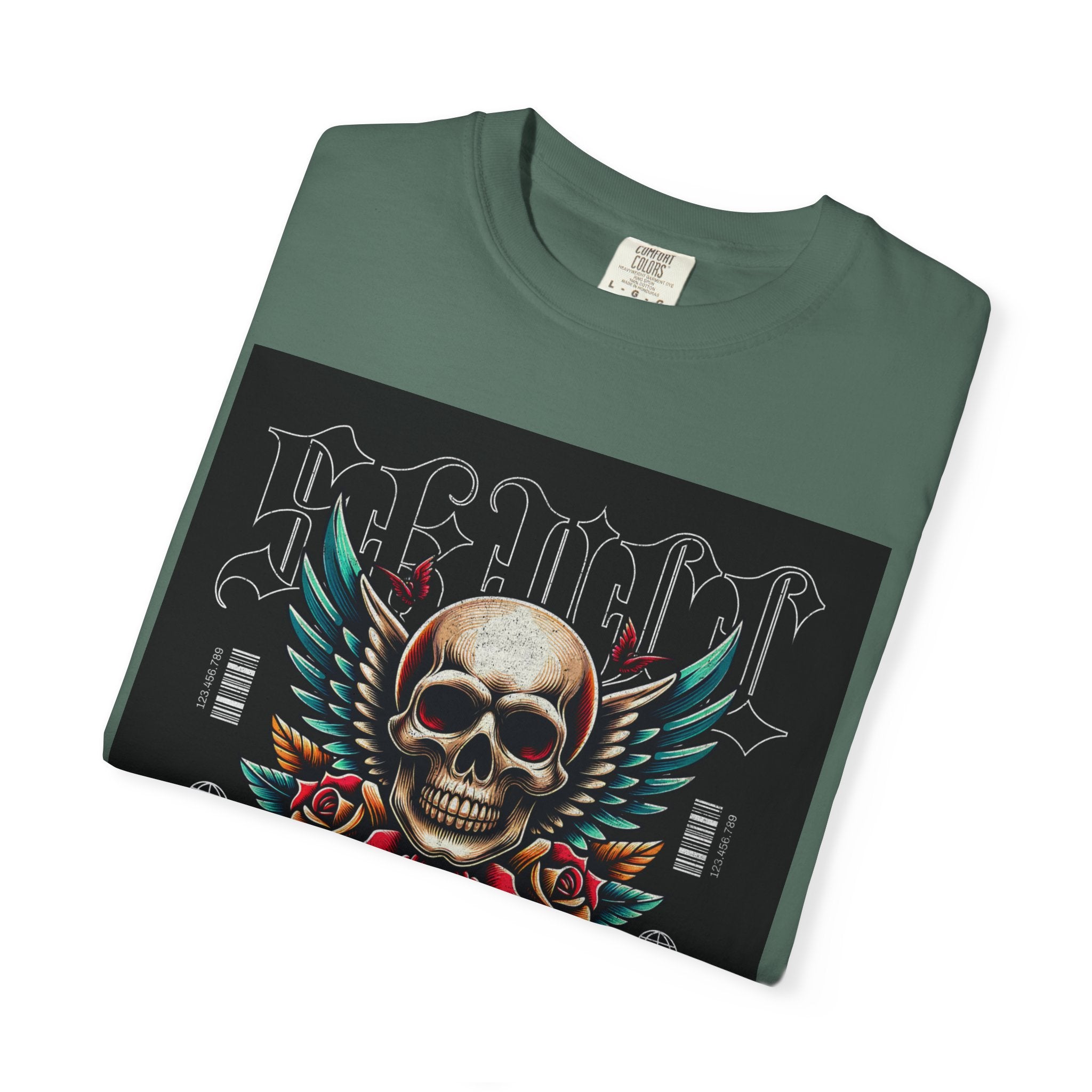 Skull Wings Graphic T-Shirt — Vintage Rock Tattoo Style with Roses