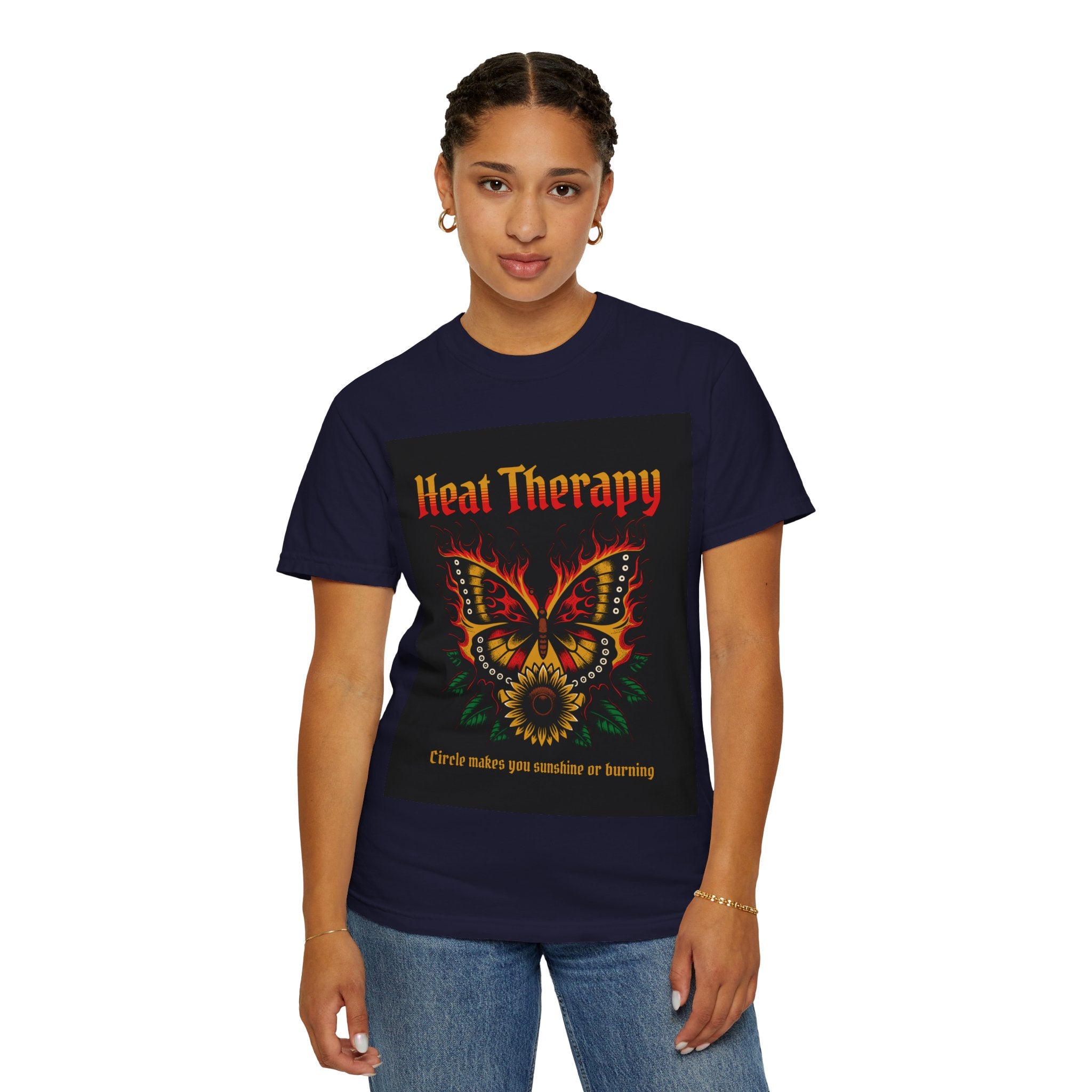 Heat Therapy Butterfly T-Shirt — Retro Floral Sunflower Design