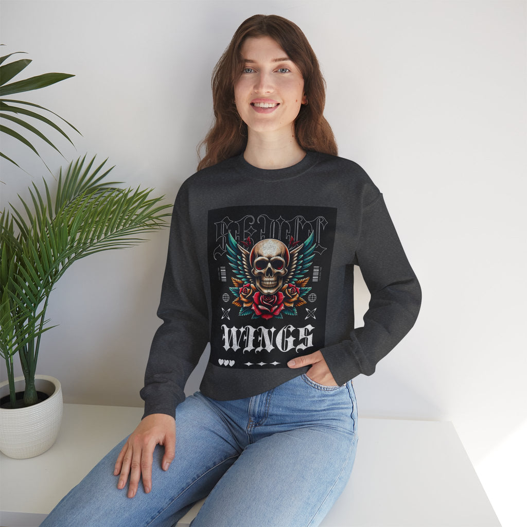 Skull Wings Crewneck Sweatshirt — Vintage Tattoo Skull with Rose Graphic