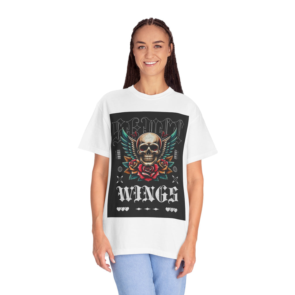 Skull Wings Graphic T-Shirt — Vintage Rock Tattoo Style with Roses