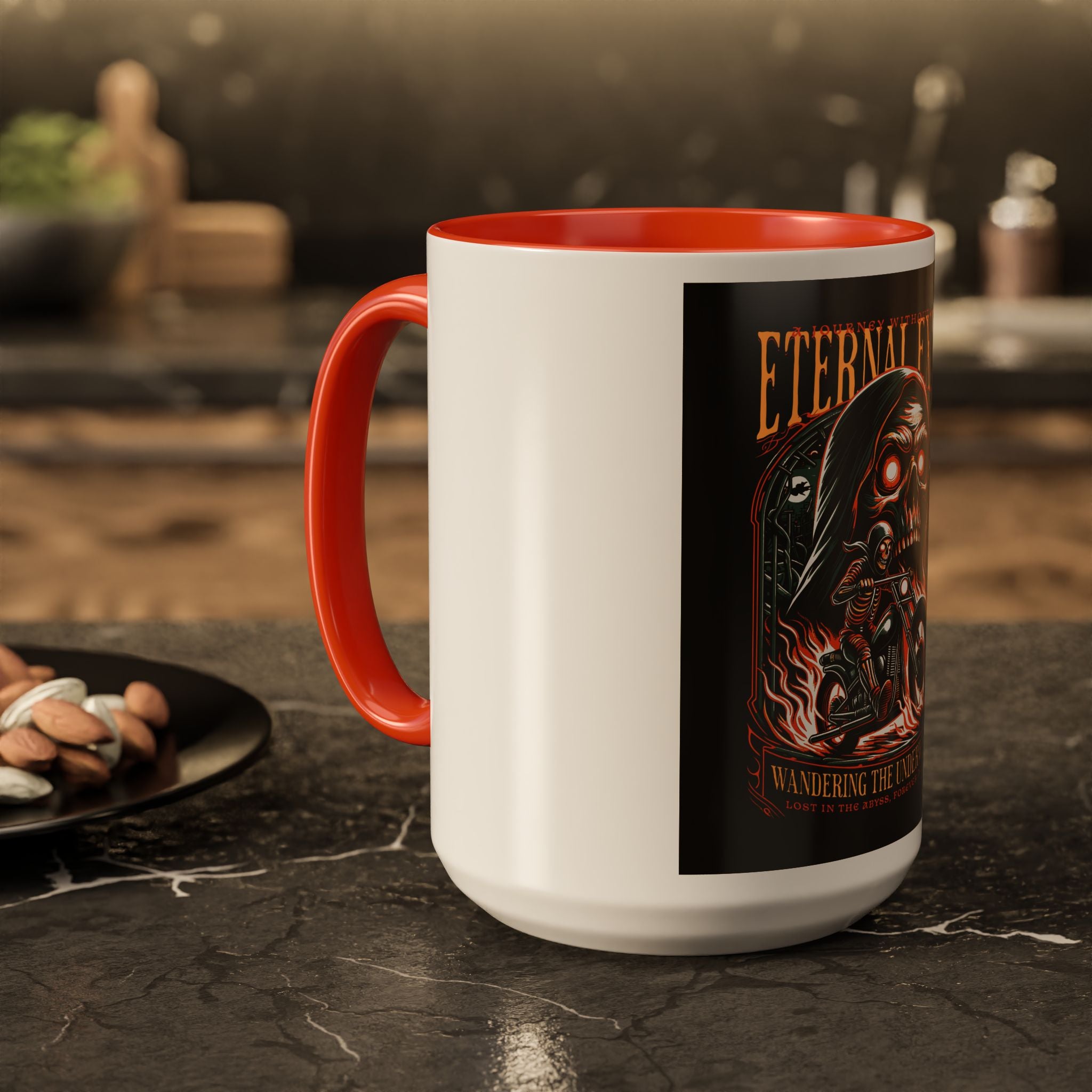 Eternal Exile Skull Biker Mug — Gothic Motorcycle Coffee Cup (11oz/15oz)