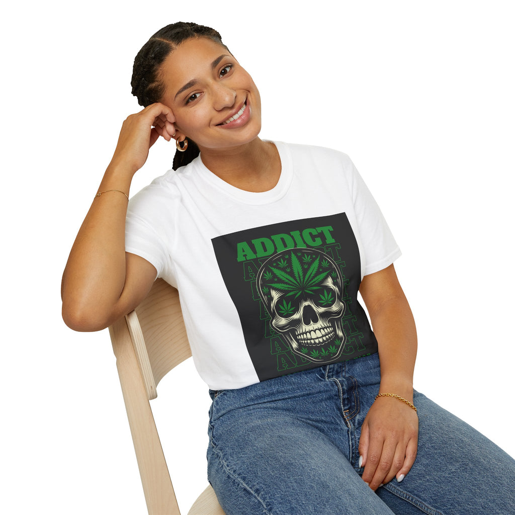 T‑Shirt — "Addict" Skull with Cannabis Leaf Graphic