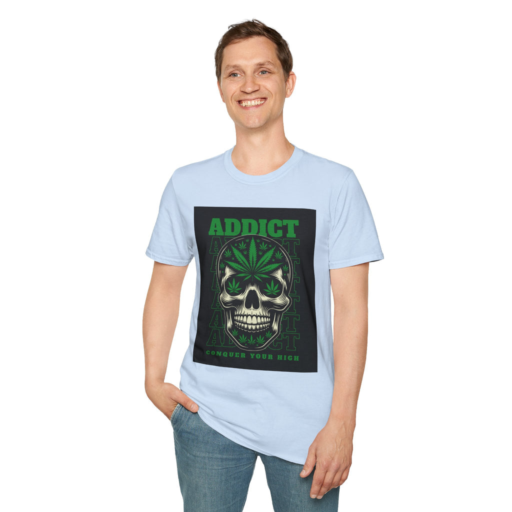 T‑Shirt — "Addict" Skull with Cannabis Leaf Graphic