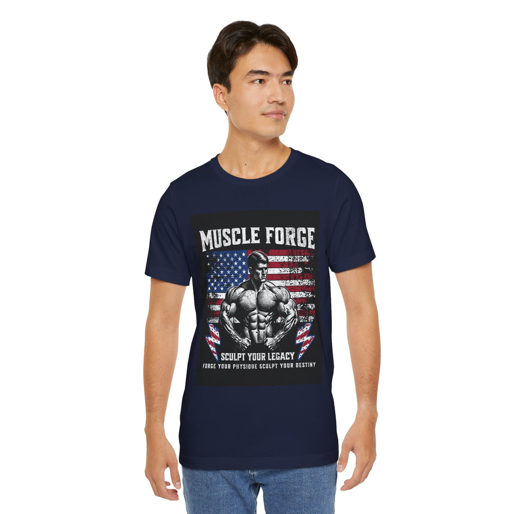 Muscle Forge American Flag Gym Tee — "Sculpt Your Legacy" Fitness T-Shirt