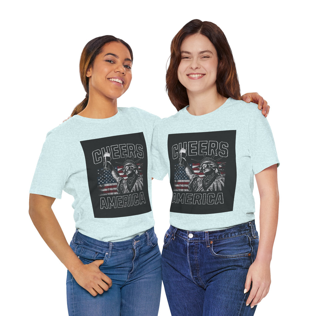 Cheers America T-Shirt — Statue of Liberty Holding Beer & Flag Patriotic Tee