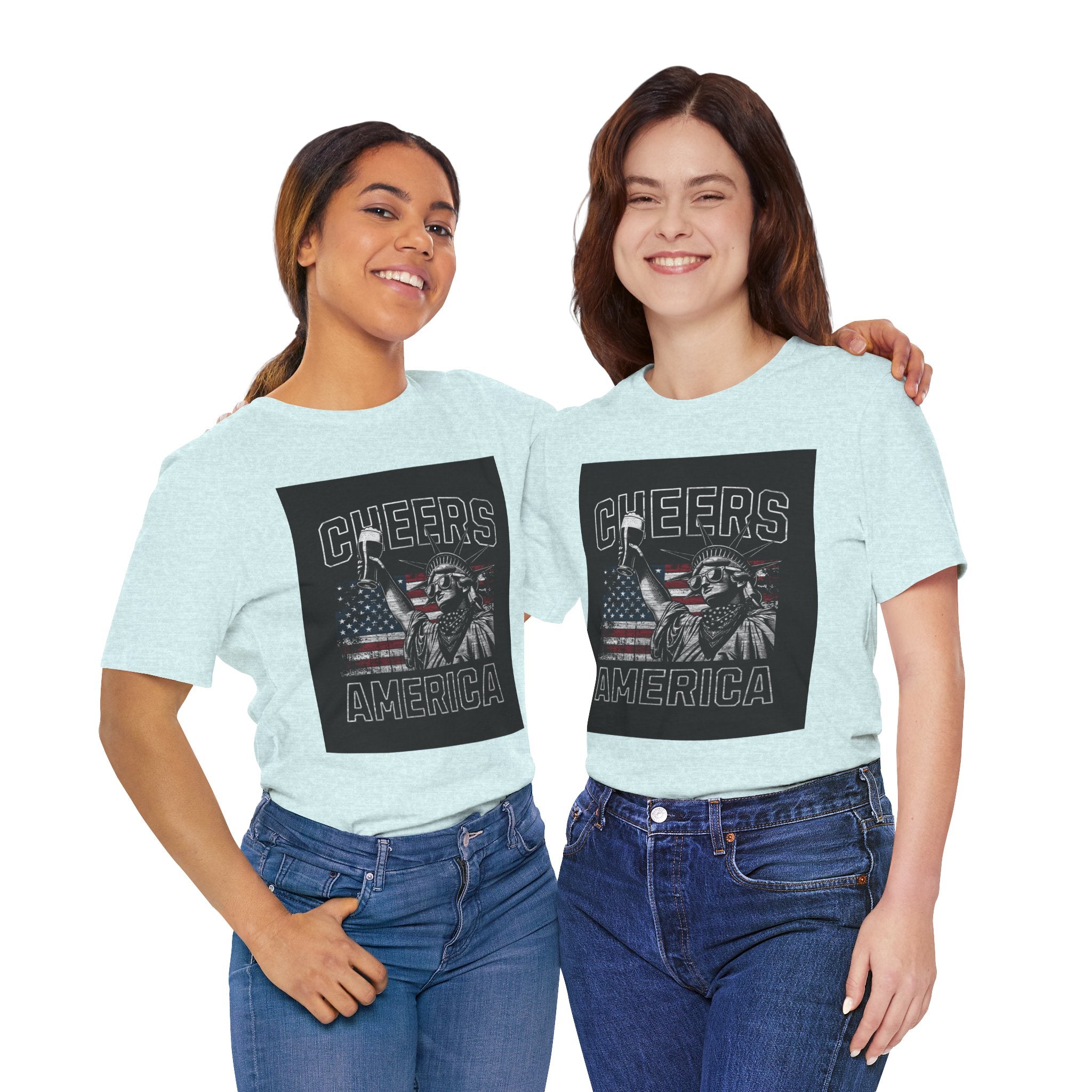 Cheers America T-Shirt — Statue of Liberty Holding Beer & Flag Patriotic Tee