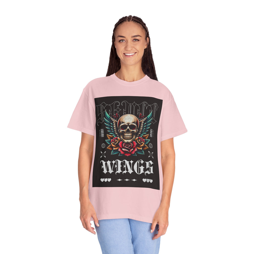 Skull Wings Graphic T-Shirt — Vintage Rock Tattoo Style with Roses
