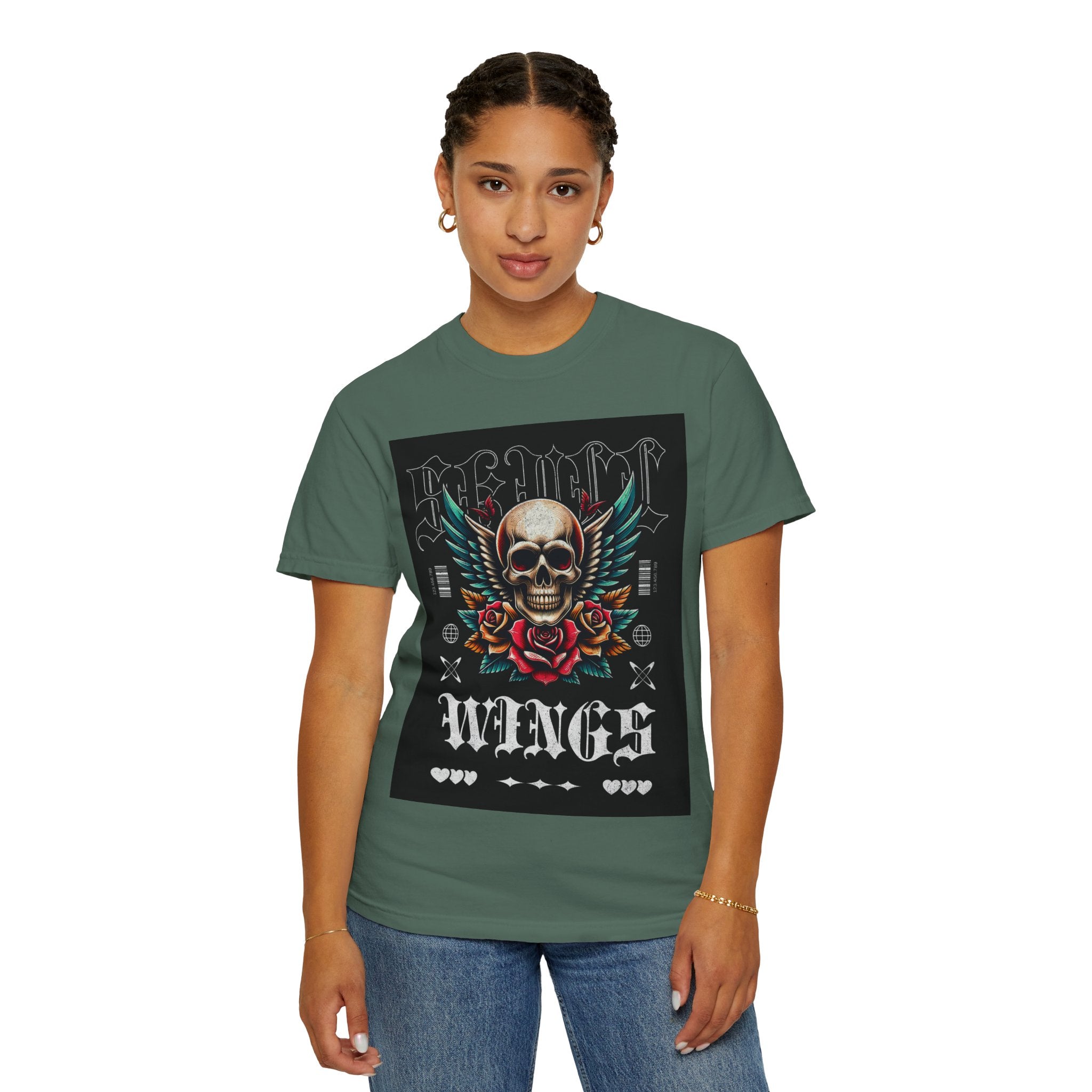 Skull Wings Graphic T-Shirt — Vintage Rock Tattoo Style with Roses